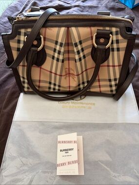 Burberry Beige Check Canvas Satchel with Dark Brown Trim